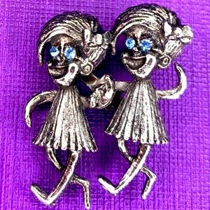 Vintage Jewelry Pewter Tone Brooch Twin Girls Blue Rhinestone eyes